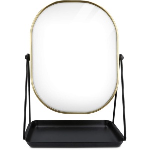 Oglinda cosmetica Navaris, rotativa 360°, ovala, cu baza metalica si tava pentru bijuterii, 18 x 28 cm, Negru/Auriu