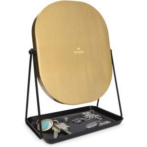Oglinda cosmetica Navaris, rotativa 360°, ovala, cu baza metalica si tava pentru bijuterii, 18 x 28 cm, Negru/Auriu - Img 3