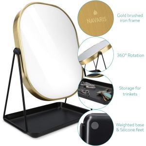 Oglinda cosmetica Navaris, rotativa 360°, ovala, cu baza metalica si tava pentru bijuterii, 18 x 28 cm, Negru/Auriu - Img 5