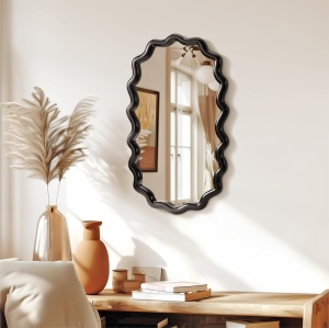 Oglinda decorativa de perete Navaris, asimetrica, rama lemn, montaj vertical/orizontal, pentru baie, dormitor si living, 50 x 30 cm, Negru - Img 2