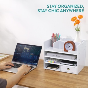 Organizator birou cu sertare Navaris, 33x24x26 cm, auto-asamblare, alb, bambus - Img 5