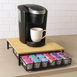 Organizator capsule cafea Navaris, sertar depozitare pentru capsule K-Cup/Dolce Gusto, suport pentru aparat cafea, metal si bambus, 35 x 32.5 x 9 cm, Negru/Natur - Img 6