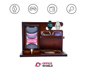 Organizator de birou din lemn, OfficeWorld, raft din bambus pentru birou sau noptiera, suport pentru pixuri, suport pentru telefon, raft pentru accesorii mici, 26 x 15 x 19 cm, maro - Img 3