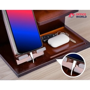 Organizator de birou din lemn, OfficeWorld, raft din bambus pentru birou sau noptiera, suport pentru pixuri, suport pentru telefon, raft pentru accesorii mici, 26 x 15 x 19 cm, maro - Img 6