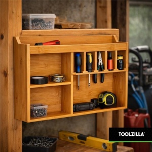 Organizator de scule electrice, TOOLZILLA. montare pe perete, cu 5 sloturi agatare, depozitare solida a sculelor din lemn, garaj, atelier, depozit - Img 4