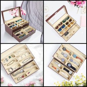 Organizator ochelari Kurtzy, 33.5 x 19 x 15.2 cm, 12 compartimente, 2 niveluri cu sertar, piele ecologica, capac sticla, Maro - Img 2