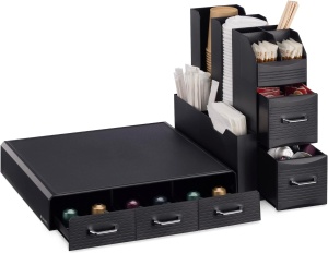 Organizator pentru cafea si ceai Navaris, suport pentru aparat cu 3 sertare pentru capsule si compartimente pentru acesorii, negru