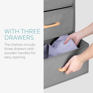 Organizator suspendat pentru dulap Navaris, cu 3 rafturi si 3 sertare, 35 x 30 x 108 cm, pliabil, manere din lemn de fag, Gri - Img 4