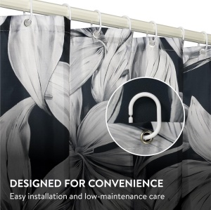 Perdea de dus JEMIDI, impermeabila, din poliester, 180 x 180 cm, 12 carlige din plastic, design decorativ, Gri inchis - Img 6