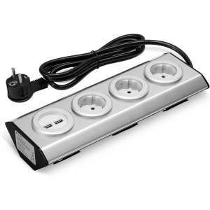 Prelungitor pentru blat Navaris, 3 prize schuko, 2 porturi USB, cablu 1.5 m, din inox/plastic, montare pe blat, birou, perete, colt, Gri