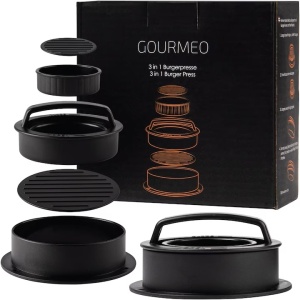 Presa hamburger 3 in 1 GOURMEO, antiaderenta, pentru burgeri umpluti, 2 dimensiuni 7.3 si 10.3 cm, 50 foi hartie de copt, compatibila cu masina de spalat vase, Negru