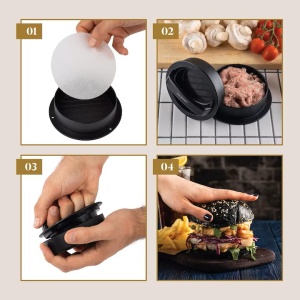 Presa hamburger 3 in 1 GOURMEO, antiaderenta, pentru burgeri umpluti, 2 dimensiuni 7.3 si 10.3 cm, 50 foi hartie de copt, compatibila cu masina de spalat vase, Negru - Img 3