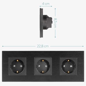 Priza tripla Navaris, incastrabila, cu rama din aluminiu, 22.8 x 8.5 cm, design elegant, 4000W, Negru - Img 4