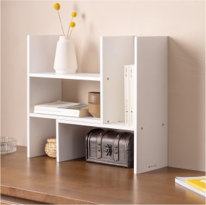 Raft birou reglabil Navaris, 64x15.5x40 cm, organizator masa si birou, alb, bambus - Img 5