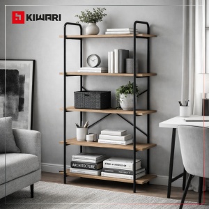 Raft inalt Kiwari® Fivo, 5 polite, 144x34x80 cm, MDF si Metal, Stejar/Negru - Img 6