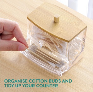 Recipient pentru betisoare de urechi Navaris, cu capac din bambus, transparent/maro, 9.3x8.7x5.3cm - Img 4