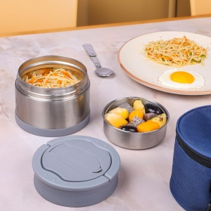 Recipient termic alimentar Belle Vous 700 ml, inox, termos alimentar cu 2 niveluri, capac etans, lingura inclusa, pentru birou, scoala, camping. geanta transport, Albastru - Img 3
