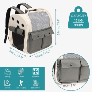 Rucsac transport animale de companie Belle Vous, 36 x 24 x 34 cm, cu plasa de aerisire, 2 buzunare, material oxford, Alb/Gri - Img 2