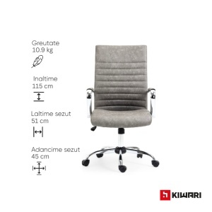 Scaun birou Kiwari Rani, spatar inalt, cadru cromat, brate fixe cu perne PU, mecanism tip fluture, baza cromata, rotile din nylon, Gri - Img 3