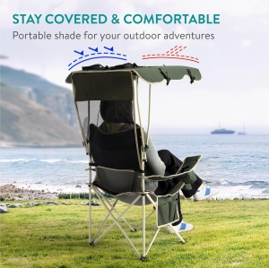 Scaun de camping Navaris, pliabil, cu parasoloar, cotiere si suport pentru pahar, 52 x 52 x 130 cm, material Oxford 600D, Verde - Img 3