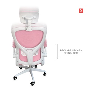 Scaun ergonomic de birou Kiwari® Cloud, tetiera reglabila, spatar din plasa, mecanism butterfly, roz - Img 5
