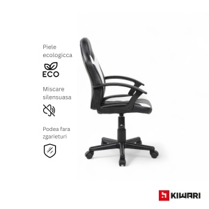 Scaun gaming Kiwari Klaus, material PU+PVC, cadru lemn, brate fixe, mecanism sus-jos, lift gaz, baza nylon, roti silentioase, spatar ergonomic, sezut confortabil, inaltime reglabila, Negru/Alb - Img 5