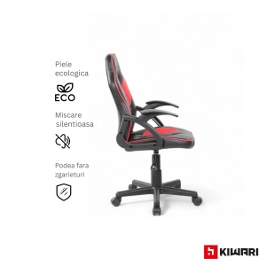 Scaun gaming Kiwari Ster, material PU, cadru lemn, baza nylon, inaltime reglabila, rotativ, Negru/Rosu - Img 5