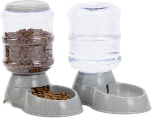 Set 1x Dispenser automat mancare si 1x Dispenser automat apa pentru Caini/Pisici, Gri, 3,8l, 48332.19