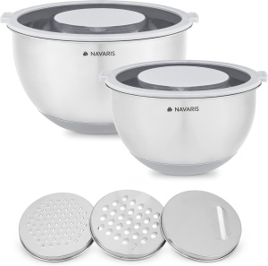 Set 2 boluri metalice multifunctionale cu capac Navaris, 20 cm si 24 cm, 3 razatori, Antiderapant, Inox