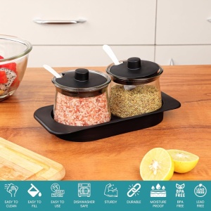 Set 2 borcane, Belle Vous, 300 ml, din sticla, lingurite, capace, tava suport, Negru/Transparent - Img 6