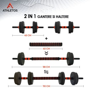 Set 2 gantere reglabile, Athletos®, 20 kg, (4x3, 2x2.5, 2x1.25Kg), bara conector inclusa, discuri ciment, multiple combinatii, Rosu/Negru - Img 9