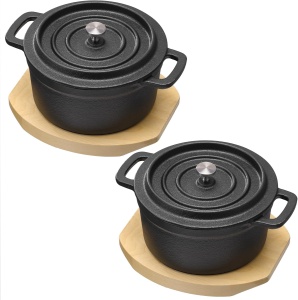 Set 2 mini oale din fonta Navaris, 14 cm, cu capac, suport din lemn, compatibile inductie/cuptor/gratar, rezistente la temperaturi ridicate, Negru