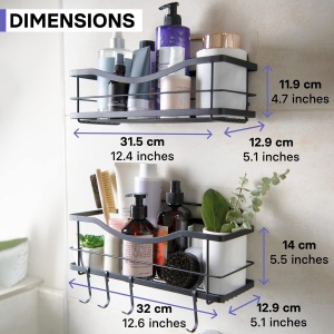 Set 2 Raft de dus Kincmax, nu necesita gaurire, din otel inoxidabil, raft auto-adeziv pentru depozitare in bucatarie, cu carlige, Negru mat, 13 x 13 x 32 cm - Img 3