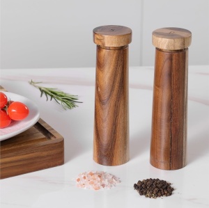 Set 2 rasnite pentru piper/sare Gourmeo, din lemn de salcam, sistem de macinare ceramic ajustabil, 20 x 5.4 cm, Maro - Img 5