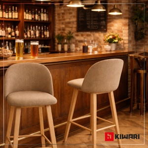 Set 2 scaune Bar/Bucatarie Kiwari® Tan, Inaltime 75 cm, Sezut Tapitat cu Material Textil, Picioare Metalice Aspect Lemn, Design Modern Bucatarie/Dining, Capacitate 120 kg, Maro - Img 2