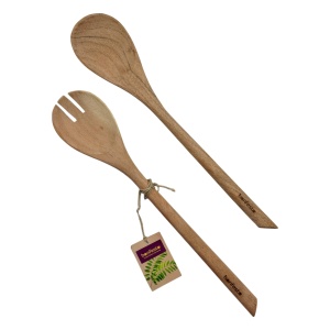 Set 2 ustensile din lemn natural de Acacia, Bonfesto®, lingura si furculita, 34 x 6.5 x 1.5 cm