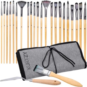 Set 24 pensule profesionale, Kurtzy, din par de nailon, pentru pictura in acuarela, acril, ulei, guasa, desing ergonomic, geanta depozitare, Gri