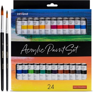 Set 24 Vopsele acrilice intrend, cu 2 pensule, rezistente la apa pentru hartie, lemn, panza, argila, pietre, ipsos, 12 ml
