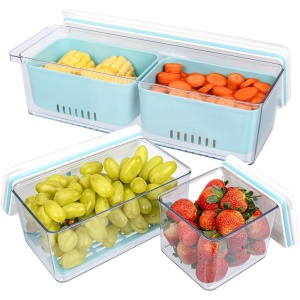 Set 3 cutii depozitare alimente Belle Vous, din plastic fara BPA, depozitare frigider, pentru fructe si legume, capace etanse si tavi de scurgere detasabile, Albastru/Transparent