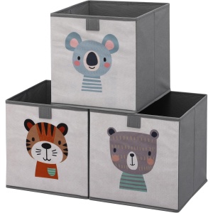 Set 3 cutii depozitare pentru copii Navaris, 28 x 28 x 28 cm, polipropilena/carton, design cu animalute, pliabile, Gri - Img 3