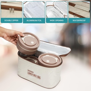 Set 4 cutii de pranz Belle Vous, din plastic si otel inoxidabil, cu capac etans, geanta termoizolanta si tacamuri, 350/550 ml, Maro - Img 3