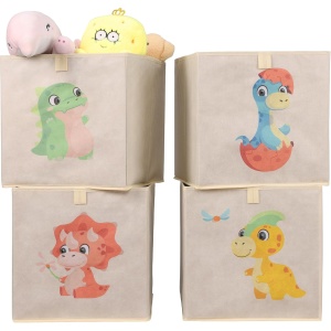 Set 4 cutii depozitare Navaris, 33 x 33 cm, pliabile, design dinozaur, pentru copii, Multicolor