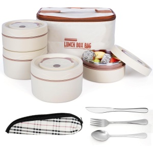 Set 4 cutii pentru pranz Belle Vous, 350-550 ml, tacamuri, geanta termica pentru transport, 25 x 13 x 15 cm, Otel, Crem