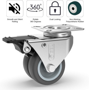 Set 4 roti duble pivotante GBL, 50 mm, pivotante 360°, sarcina maxima de incarcare 240kg, sistem de franare, poliuretan, Gri - Img 3