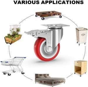 Set 4 roti pivotante GBL, 125 mm, sarcina maxima de incarcare 800 Kg, rotatie 360°, poliuretan, cu sistem de franare, Rosu/Argintiu - Img 7