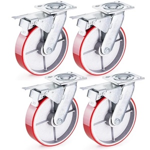 Set 4 roti pivotante GBL, pentru transport, 200 mm, sarcina maxima de incarcare 1520 kg, rotatie 360°, cauciuc PU, cu 4 frane, Argintiu/Rosu