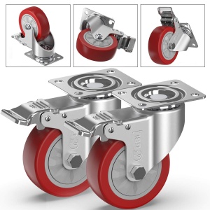 Set 4 roti universale GBL, pentru transport, 100mm, pivotante 360°, sarcina maxima de incarcare 600 Kg, cu 4 frane, poliuretan, Rosu - Img 2