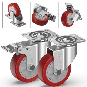 Set 4 roti universale GBL, pentru transport, 100mm, pivotante 360°, sarcina maxima de incarcare 600 Kg, cu 2 frane, poliuretan, Rosu - Img 7