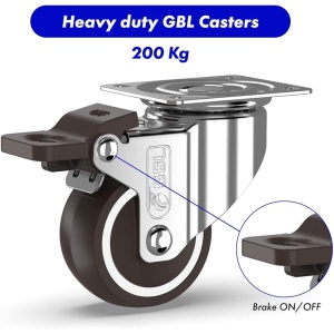 Set 4 roti universale GBL pentru transport, 50 mm, pivotante 360°, cu 4 frane, sarcina 200 kg, poliuretan, Argintiu/Negru - Img 2