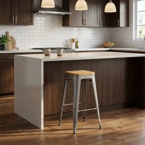 Set 4 scaune inalte De Bar, Bucatarie, H78cm, Blat Industrial Din Lemn, Otel, Gri - Img 4
